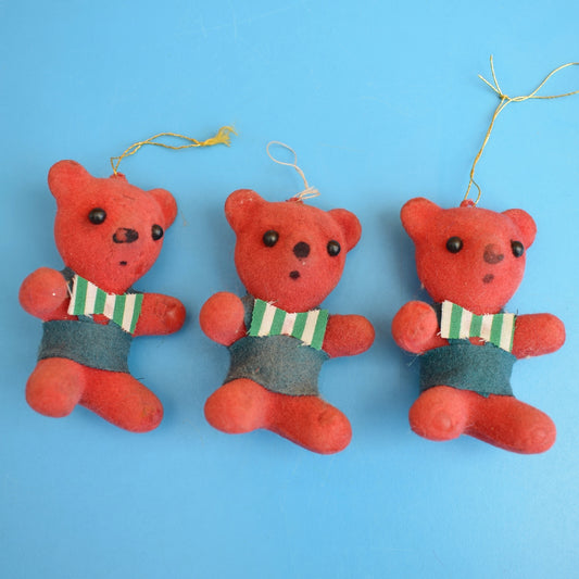 Vintage 1970s Flocked Bear Christmas Decs x3