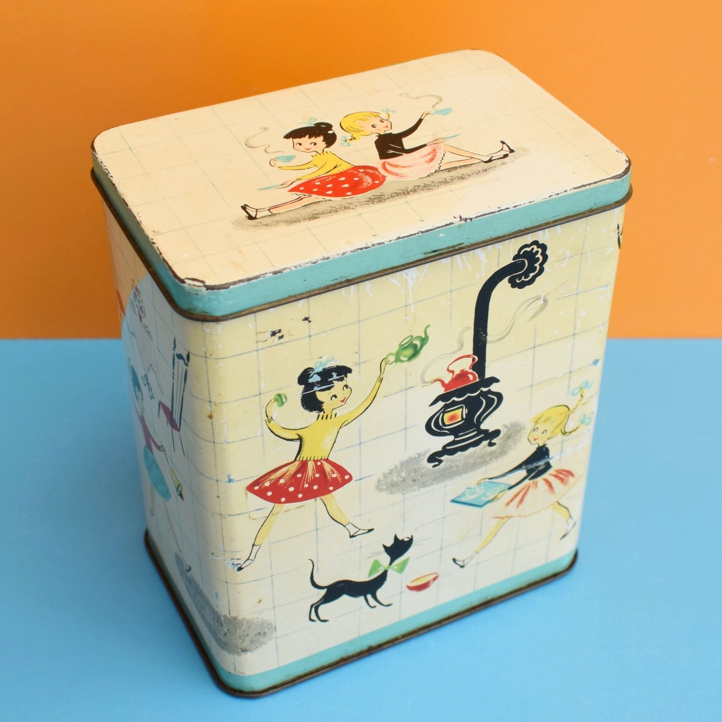 Vintage 1950s Coffee Tin - Great Storage - Girls Graphics by Vintage