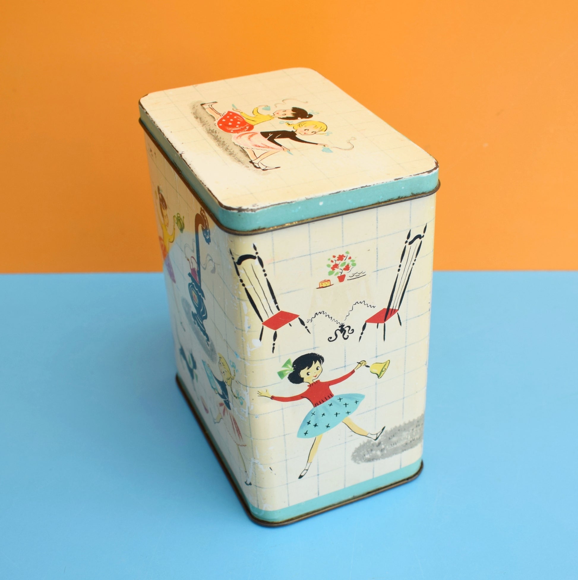 Vintage 1950s Coffee Tin - Great Storage - Girls Graphics by Vintage