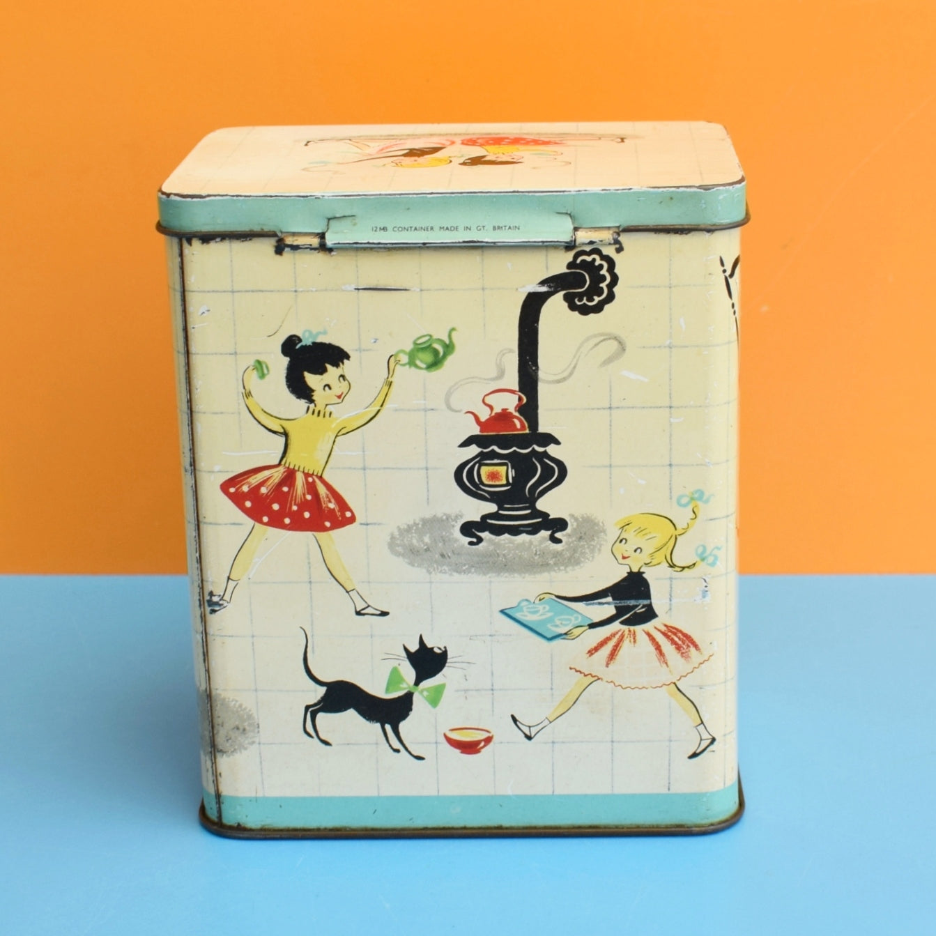 Vintage 1950s Coffee Tin - Great Storage - Girls Graphics by Vintage