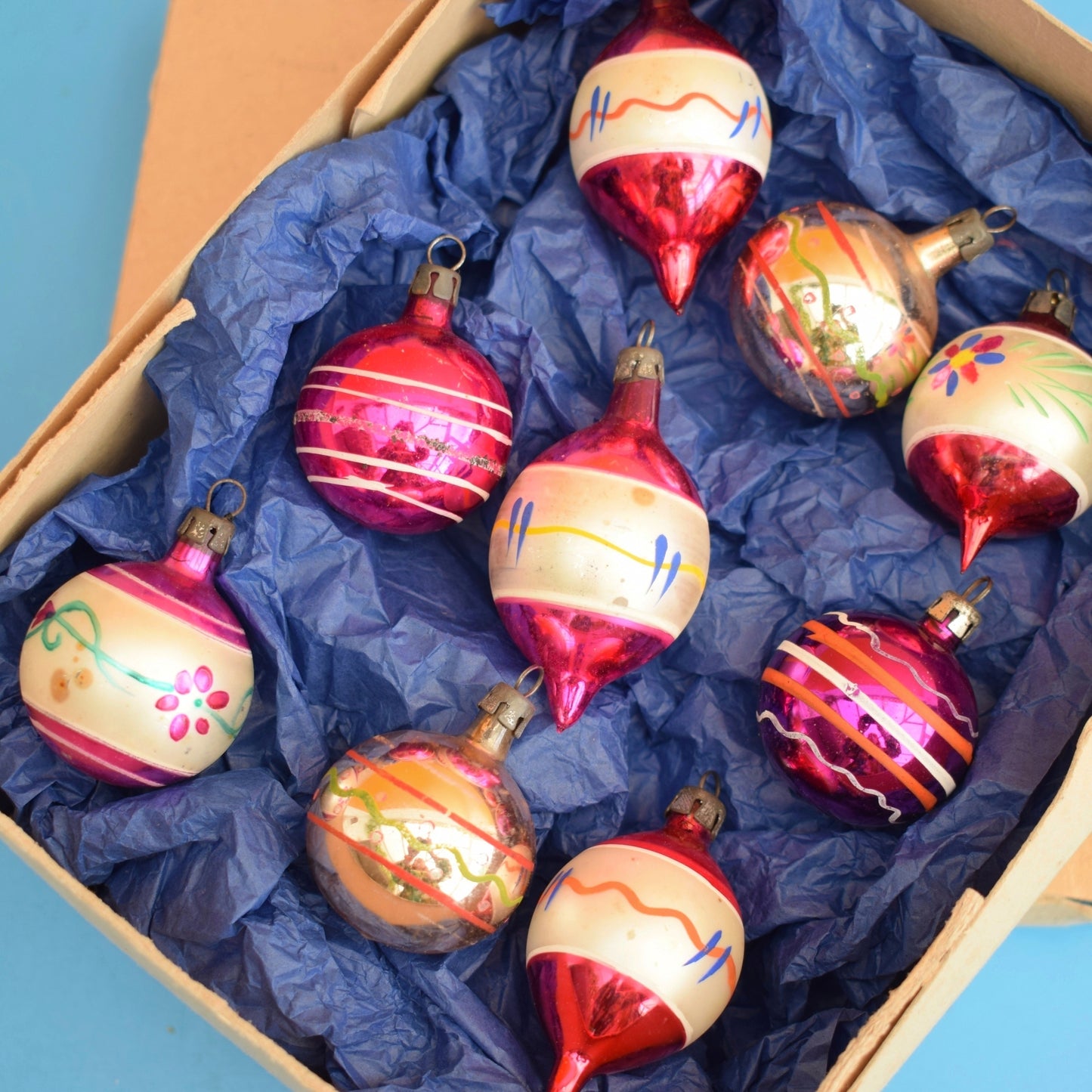 Vintage 1960s Glass Christmas Baubles - 9 Small