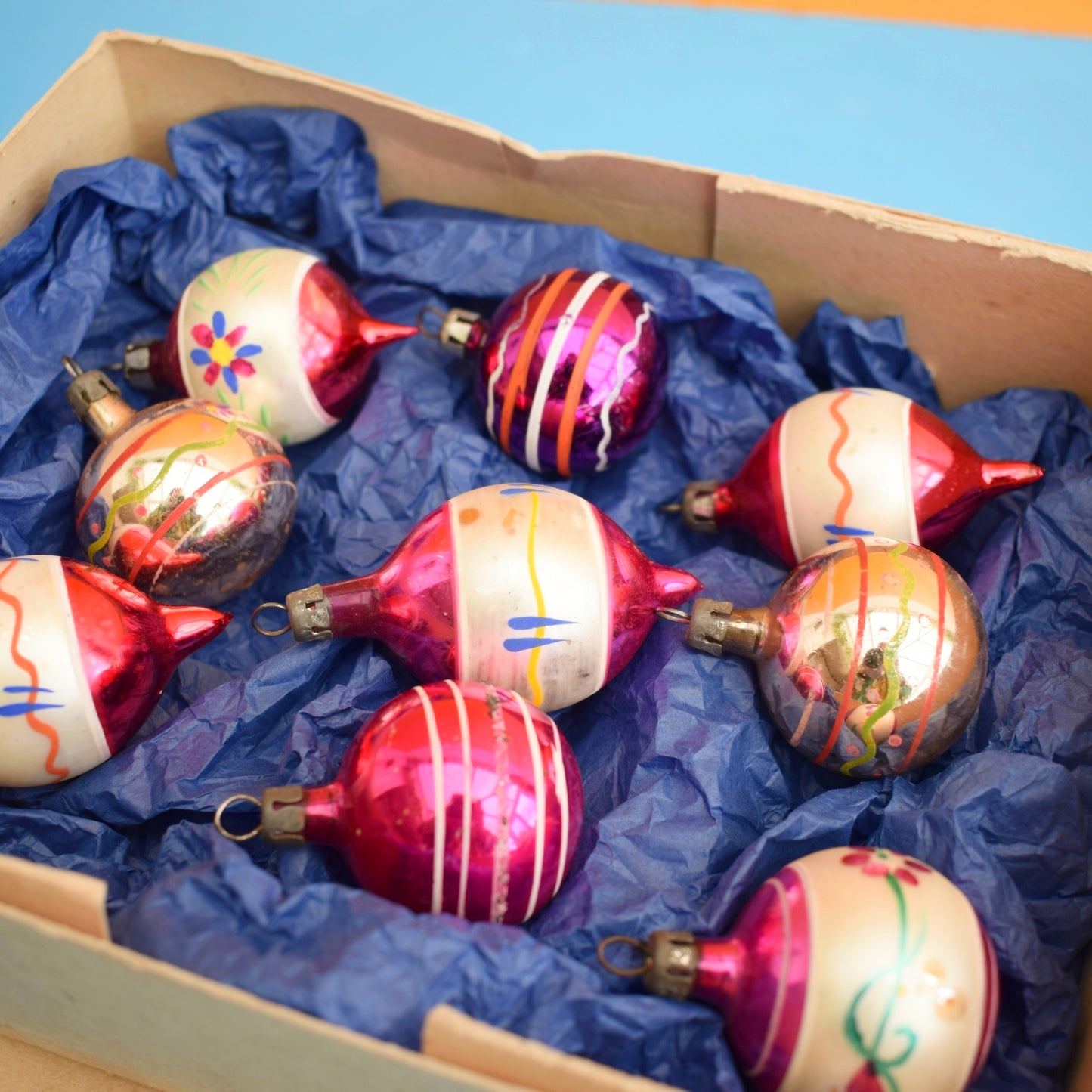 Vintage 1960s Glass Christmas Baubles - 9 Small