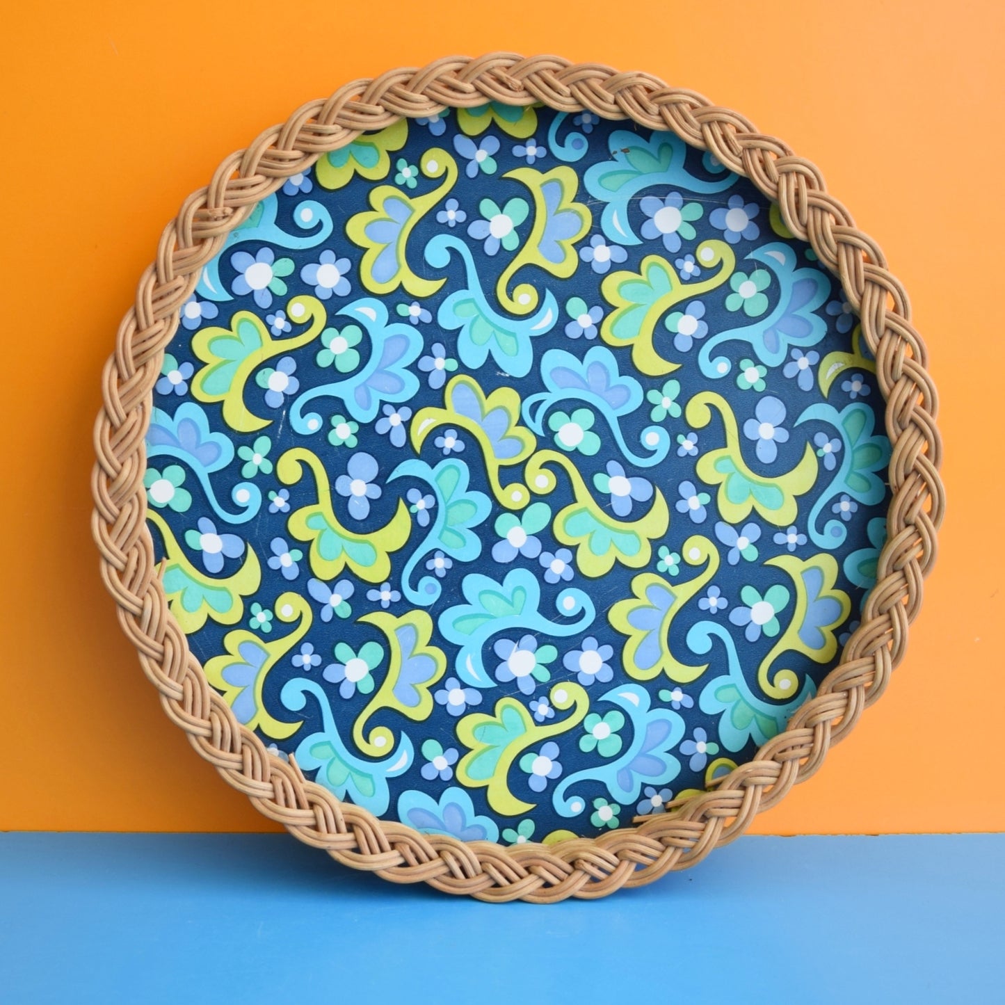 Vintage 1960s Round Wicker Tray - Flower Blue Green