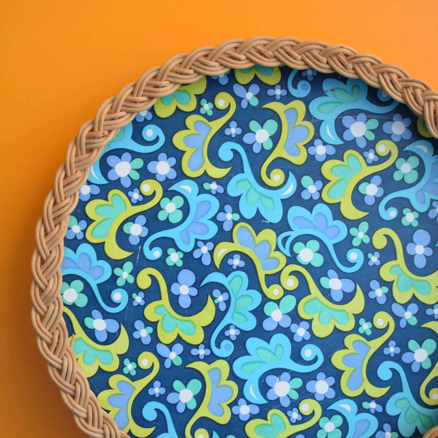 Vintage 1960s Round Wicker Tray - Flower Blue Green