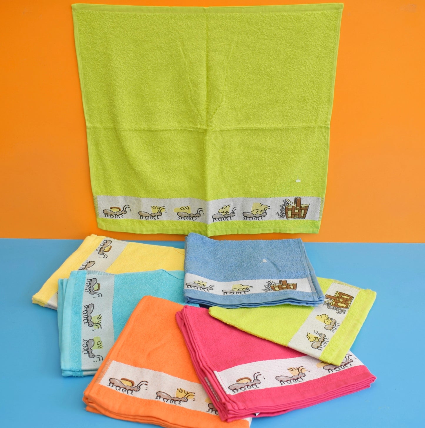 Vintage 1990s Hand Towels - Ants & Picnic Basket - Unused - Various Colours by Pineapple Retro