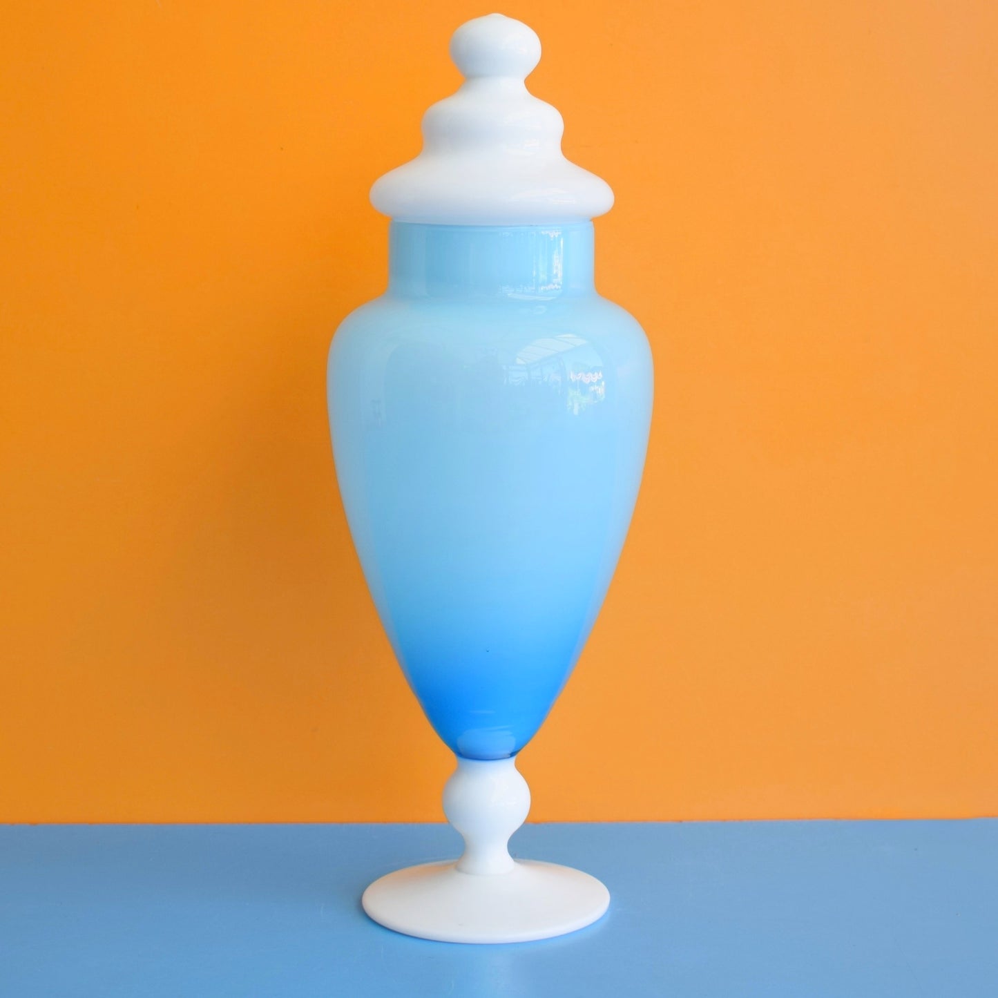 Vintage 1960s Bon Bon Glass Candy Jar - Cased Pale Blue & White