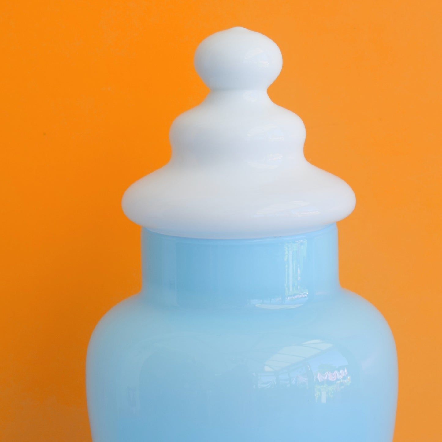 Vintage 1960s Bon Bon Glass Candy Jar - Cased Pale Blue & White