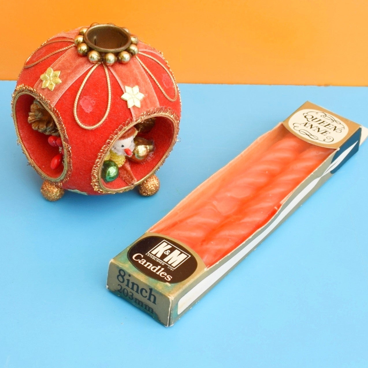 Vintage 1960s Flocked Plastic Christmas Diorama Candle Holder / Candles