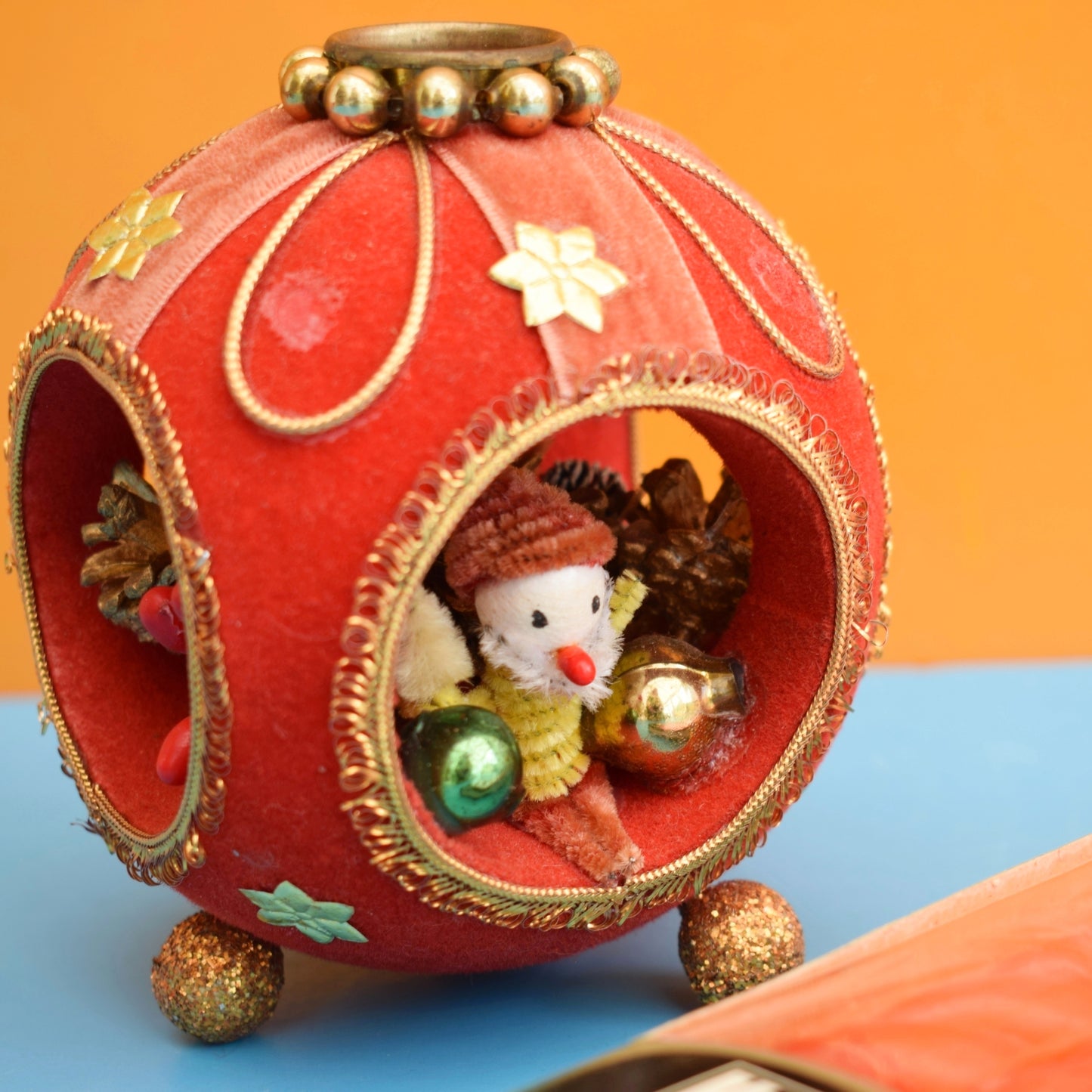 Vintage 1960s Flocked Plastic Christmas Diorama Candle Holder / Candles