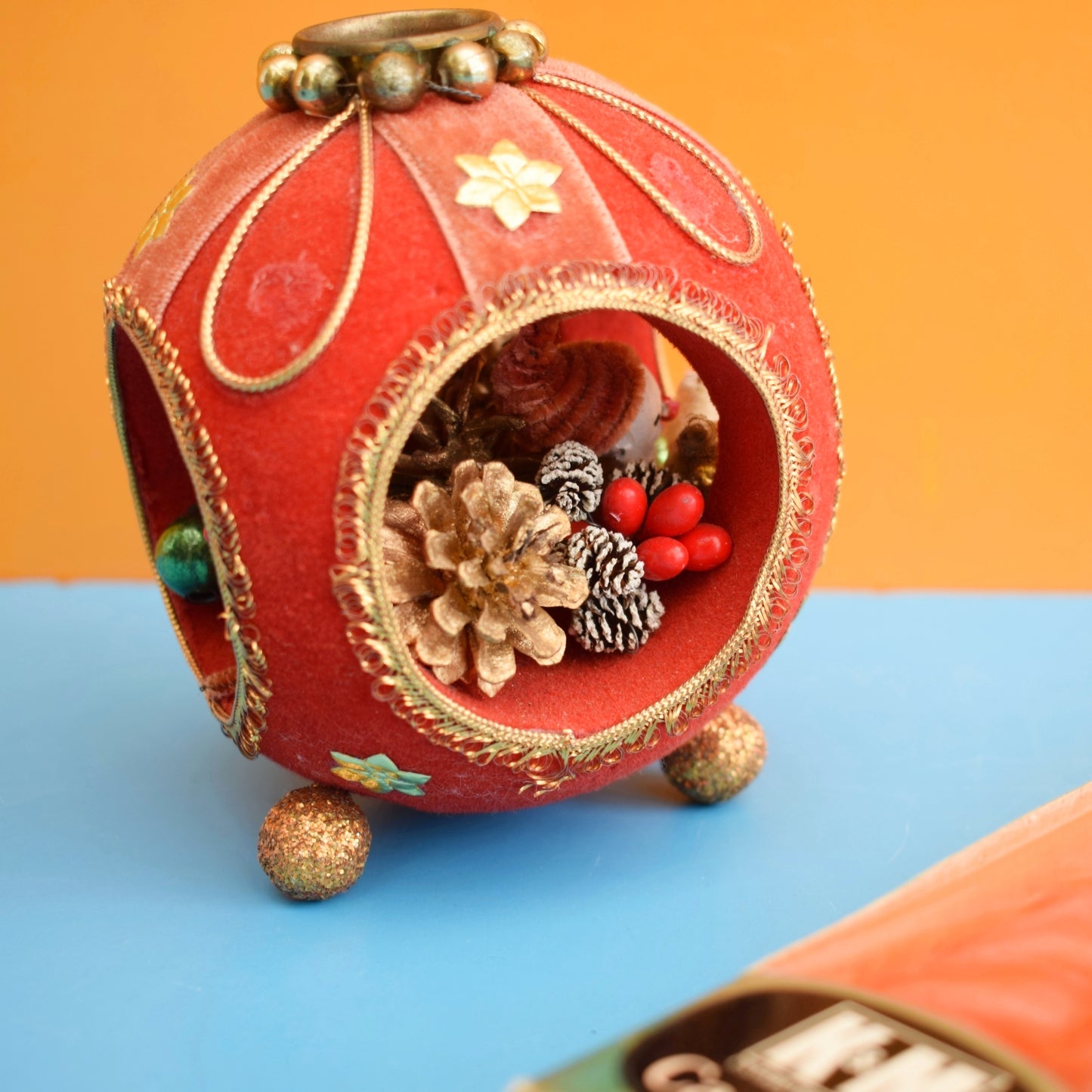 Vintage 1960s Flocked Plastic Christmas Diorama Candle Holder / Candles