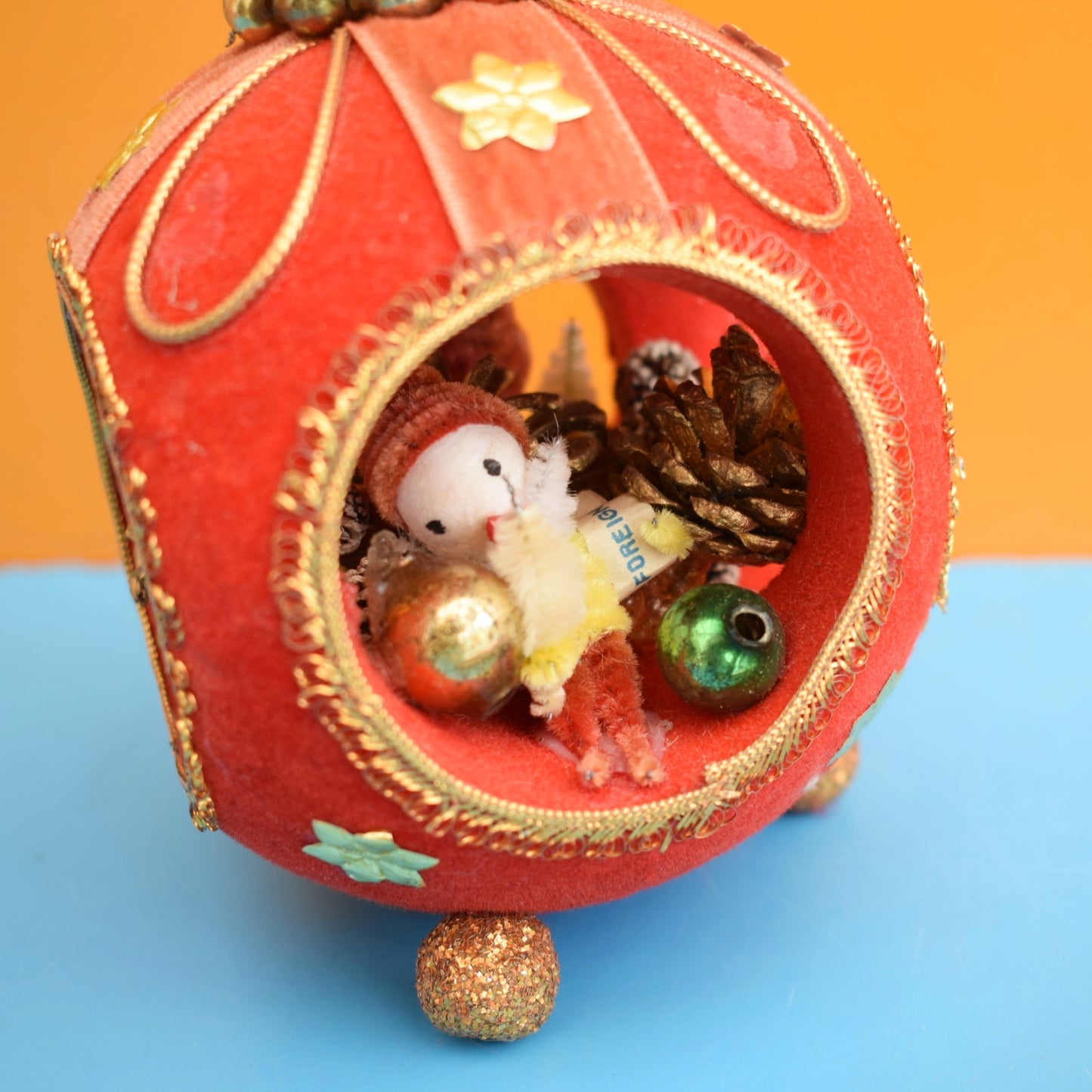 Vintage 1960s Flocked Plastic Christmas Diorama Candle Holder / Candles