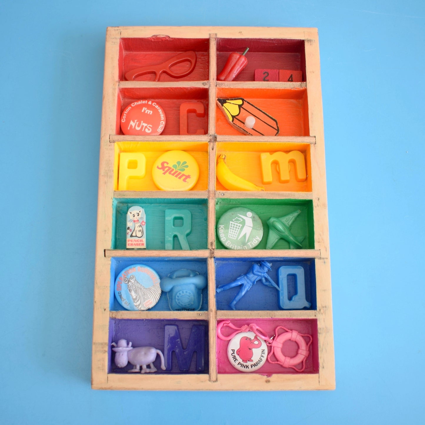 Vintage 1970s Mixed Wooden Wall Art Piece- Vintage Contents - Rainbows