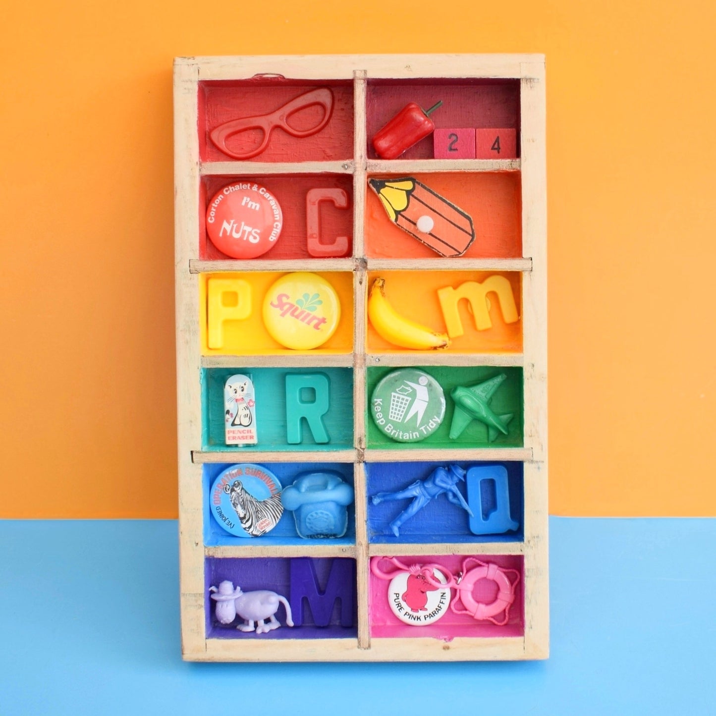 Vintage 1970s Mixed Wooden Wall Art Piece- Vintage Contents - Rainbows