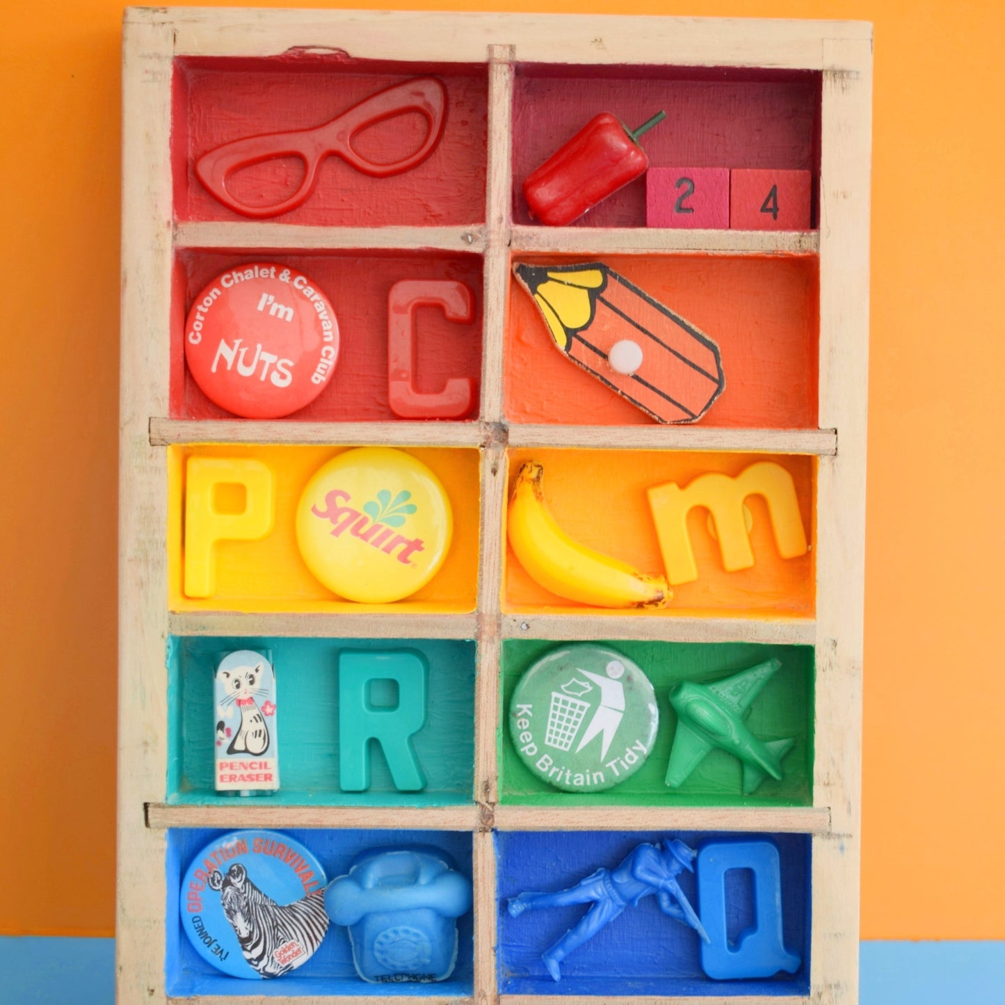 Vintage 1970s Mixed Wooden Wall Art Piece- Vintage Contents - Rainbows