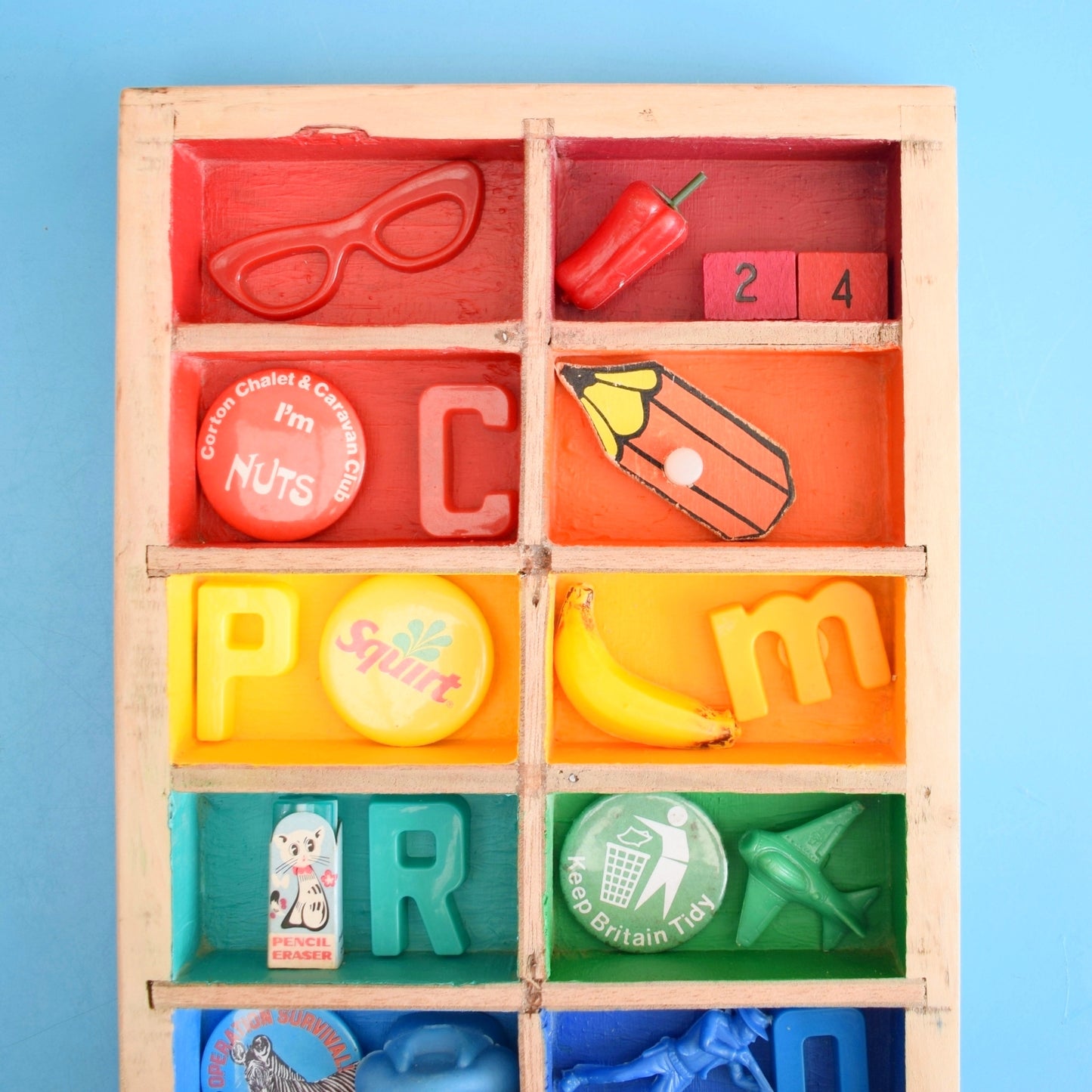 Vintage 1970s Mixed Wooden Wall Art Piece- Vintage Contents - Rainbows