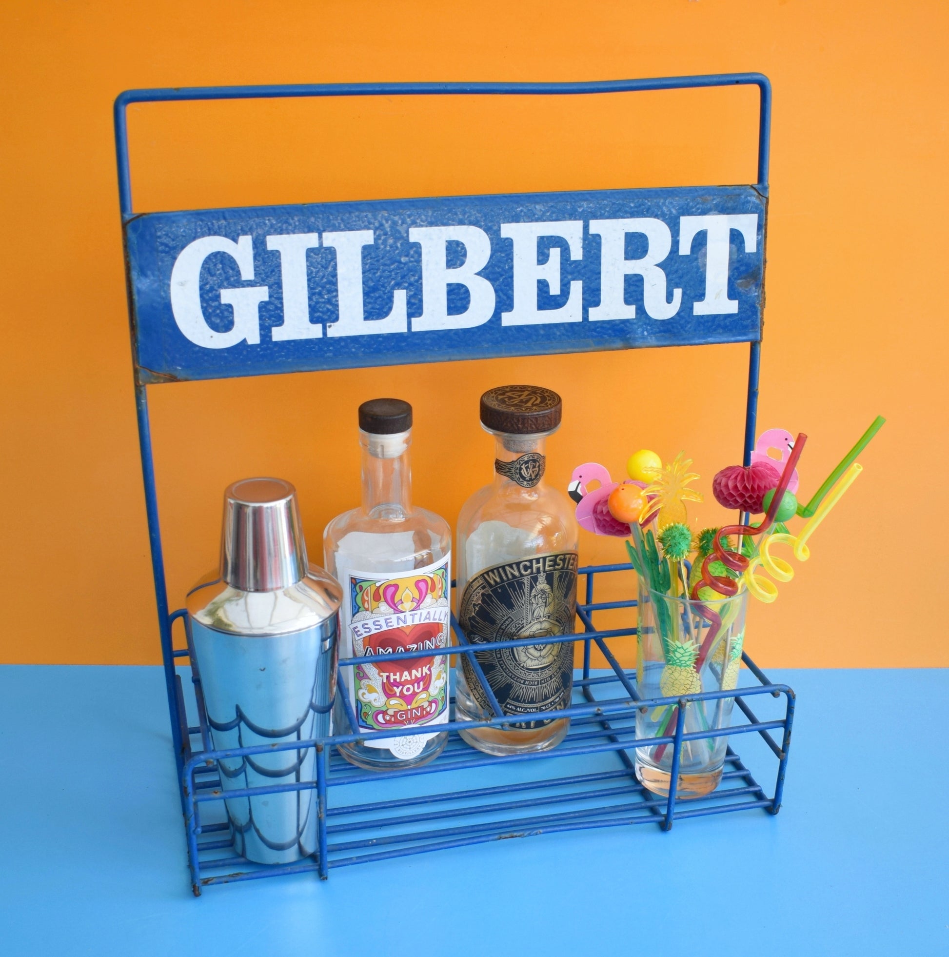 Vintage 1990s Metal Bottle Carrier / Bar - Blue- Gilbert by Pineapple Retro