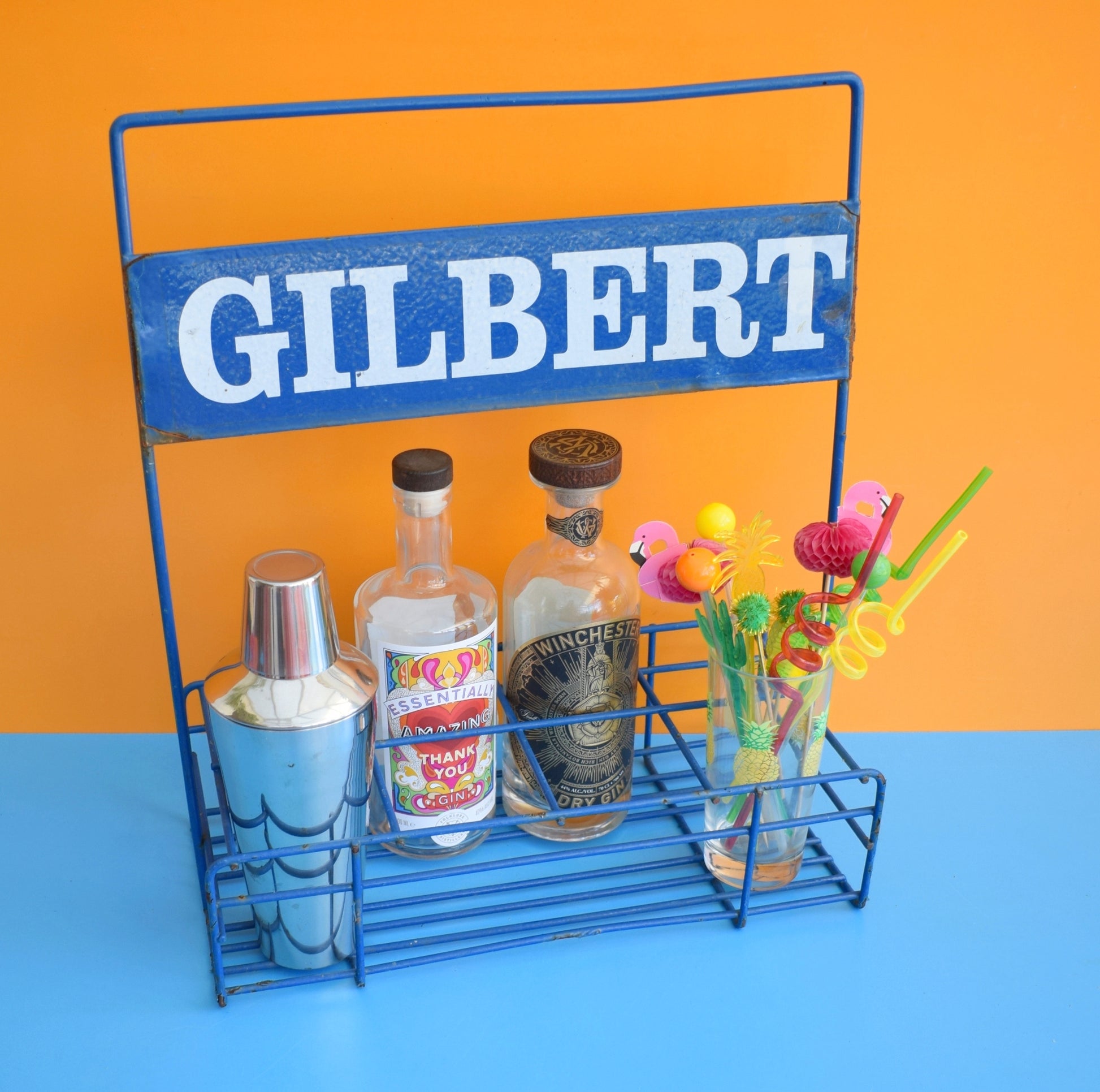 Vintage 1990s Metal Bottle Carrier / Bar - Blue- Gilbert by Pineapple Retro