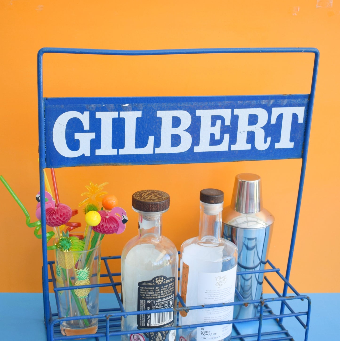 Vintage 1990s Metal Bottle Carrier / Bar - Blue- Gilbert by Pineapple Retro