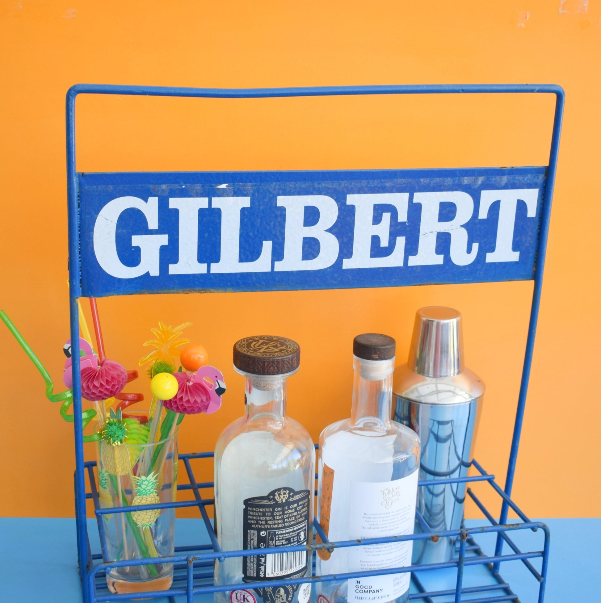 Vintage 1990s Metal Bottle Carrier / Bar - Blue- Gilbert by Pineapple Retro