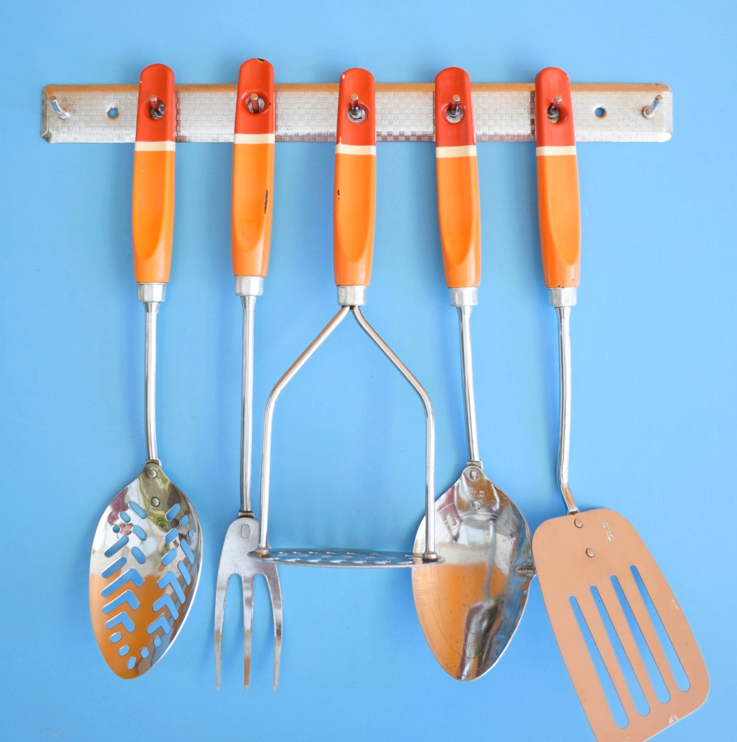 Vintage 1960s Kitchen Utensil Rack & Orange Handled Set - Prestige by Pineapple Retro