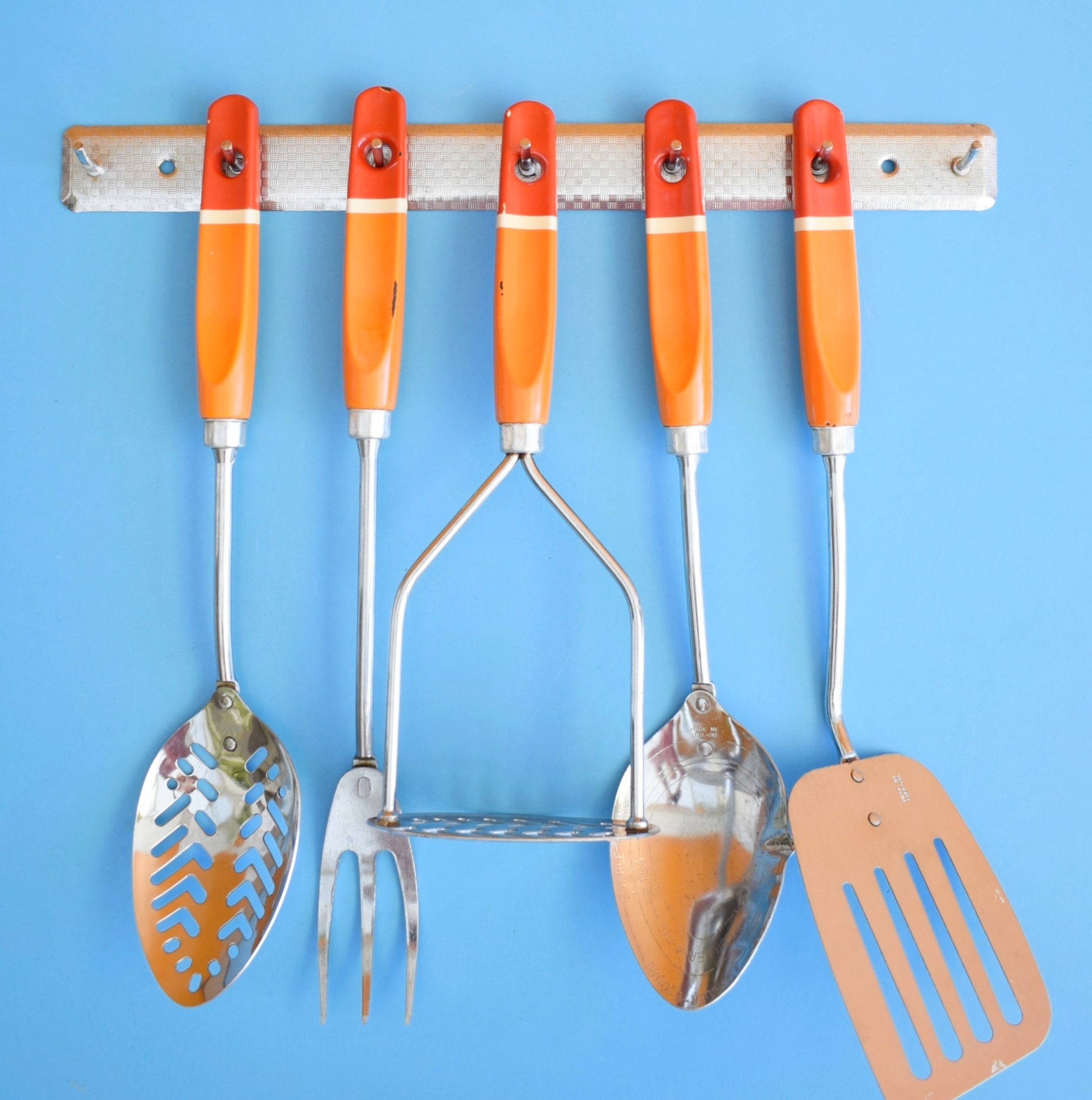Vintage 1960s Kitchen Utensil Rack & Orange Handled Set - Prestige by Pineapple Retro