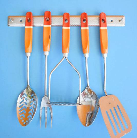 Vintage 1960s Kitchen Utensil Rack & Orange Handled Set - Prestige by Pineapple Retro