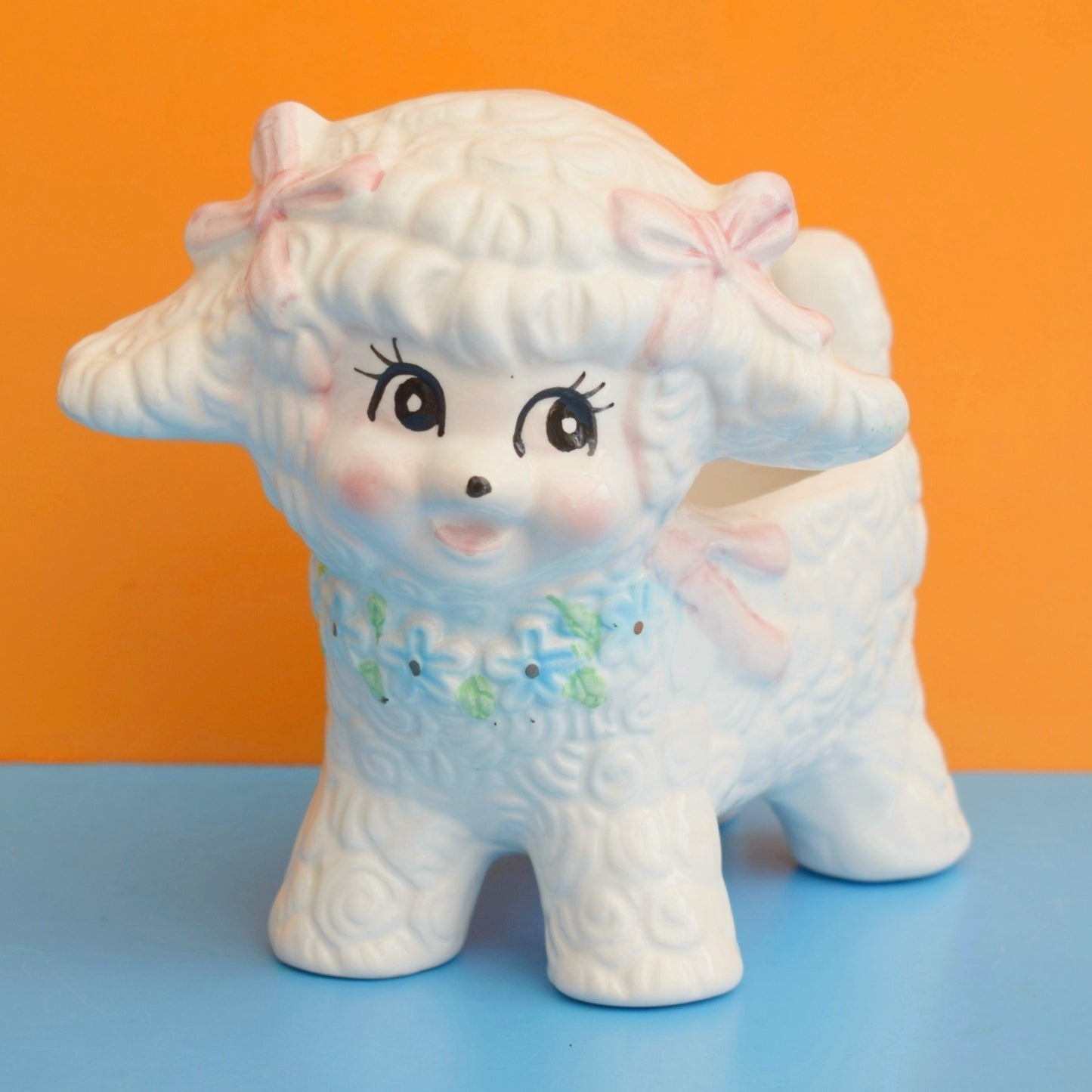 Vintage 1960s Lamb Planter Kitsch - Cute Bows