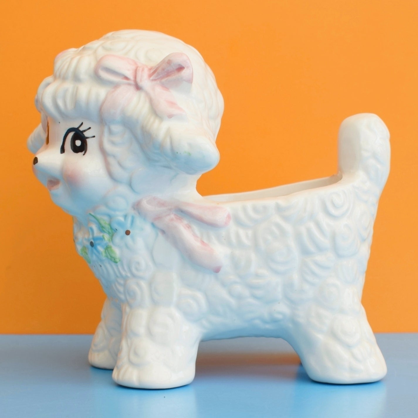 Vintage 1960s Lamb Planter Kitsch - Cute Bows