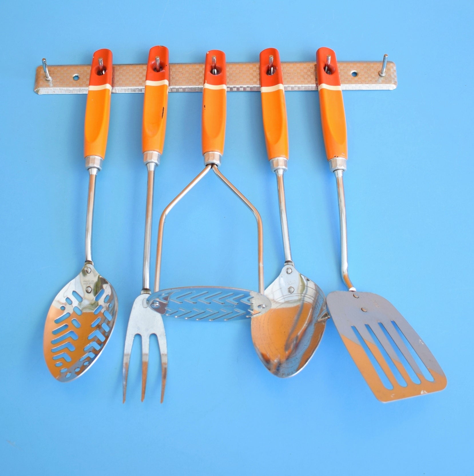 Vintage 1960s Kitchen Utensil Rack & Orange Handled Set - Prestige by Pineapple Retro