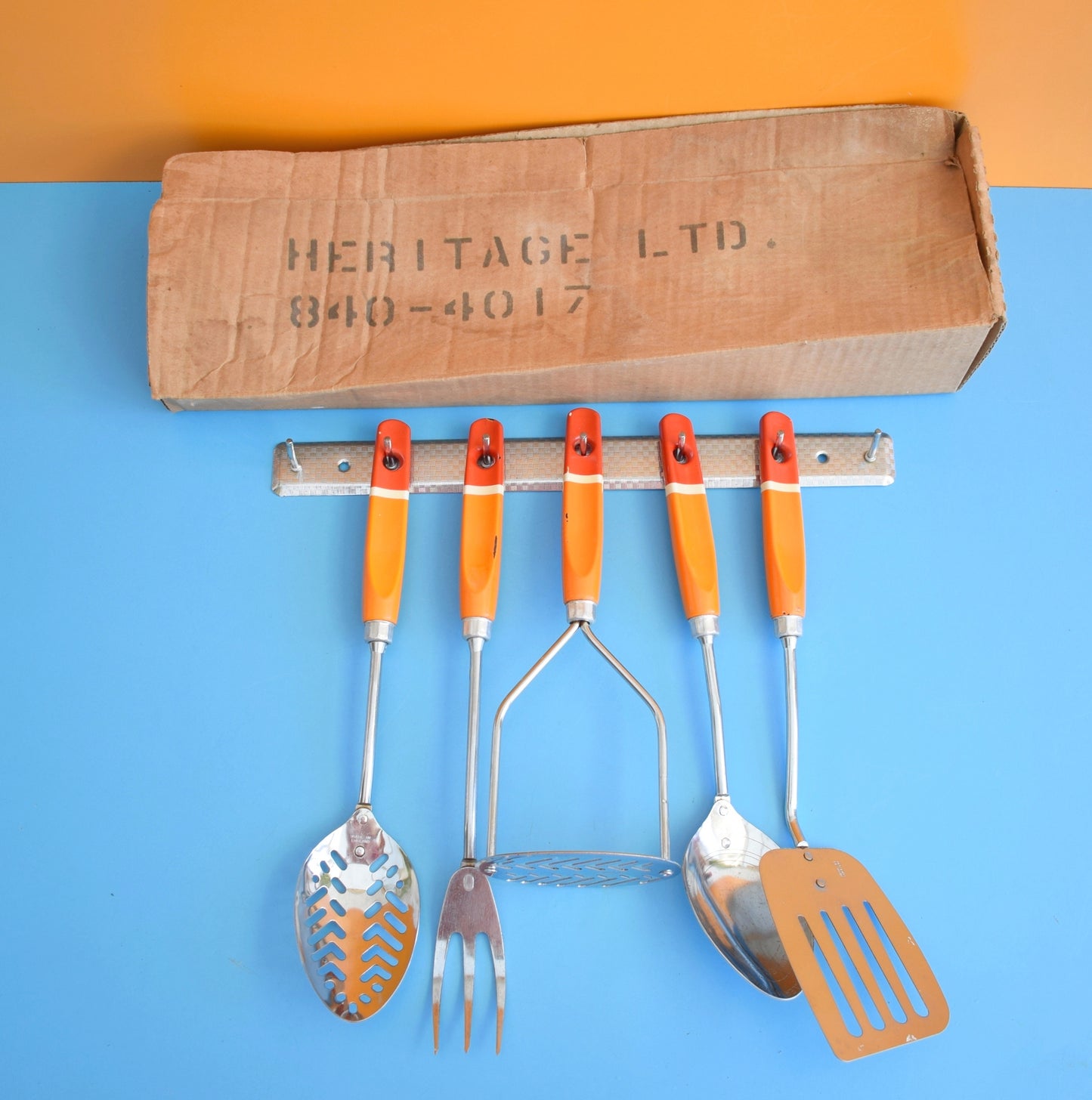 Vintage 1960s Kitchen Utensil Rack & Orange Handled Set - Prestige by Pineapple Retro