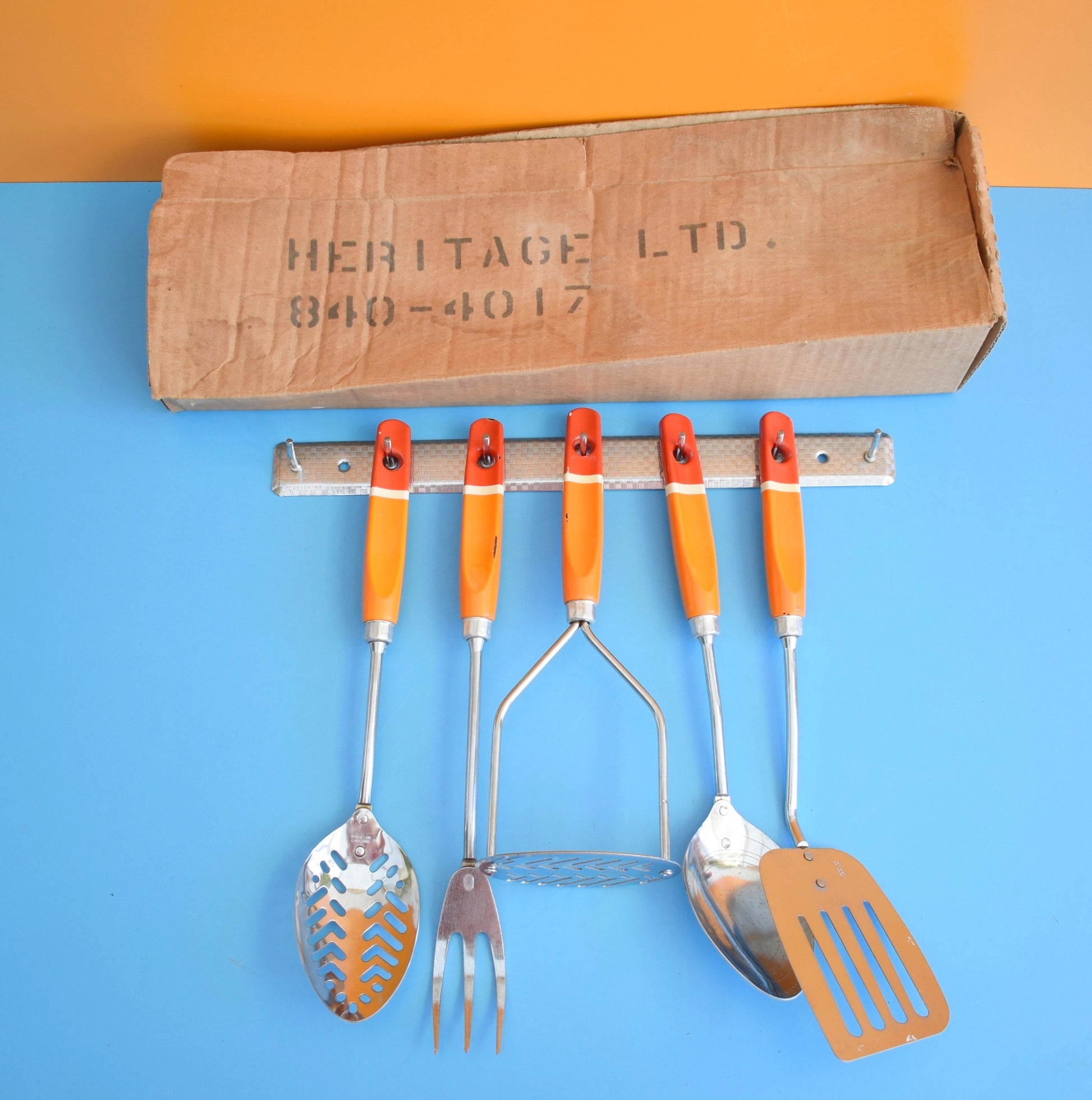 Vintage 1960s Kitchen Utensil Rack & Orange Handled Set - Prestige by Pineapple Retro