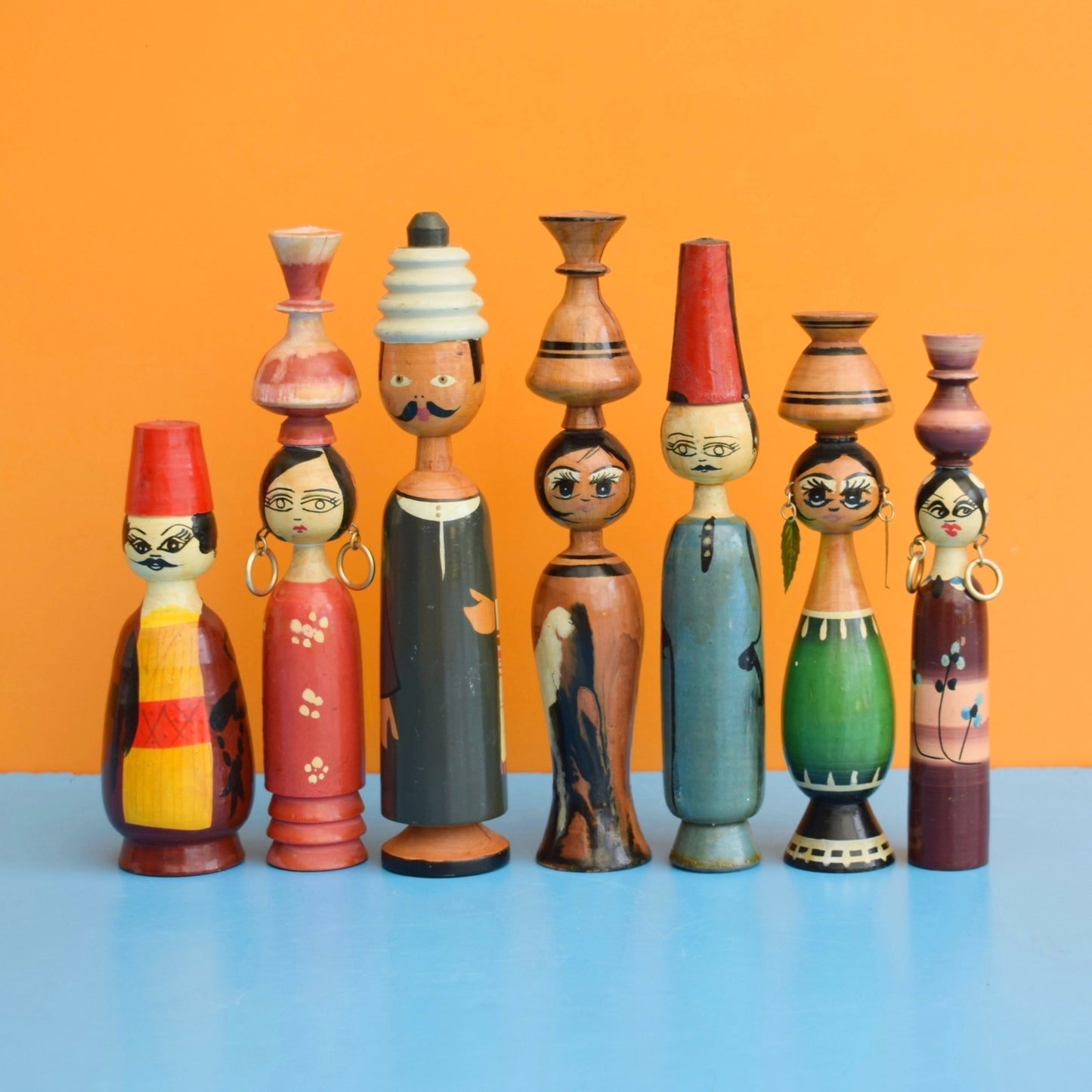 Vintage 1960s Wooden Peg Dolls - Egyptian