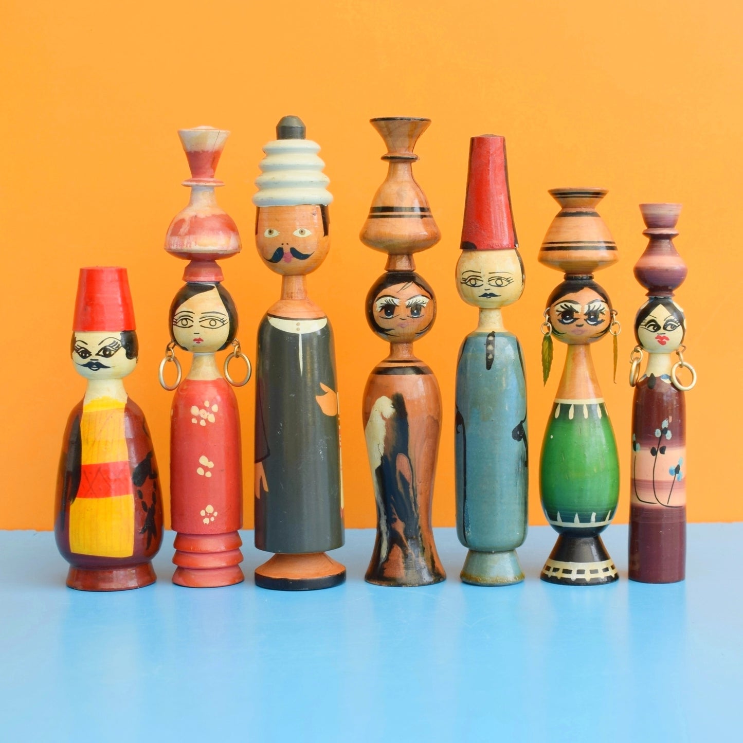 Vintage 1960s Wooden Peg Dolls - Egyptian