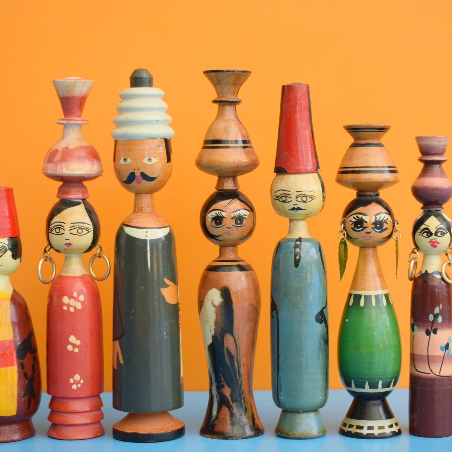 Vintage 1960s Wooden Peg Dolls - Egyptian