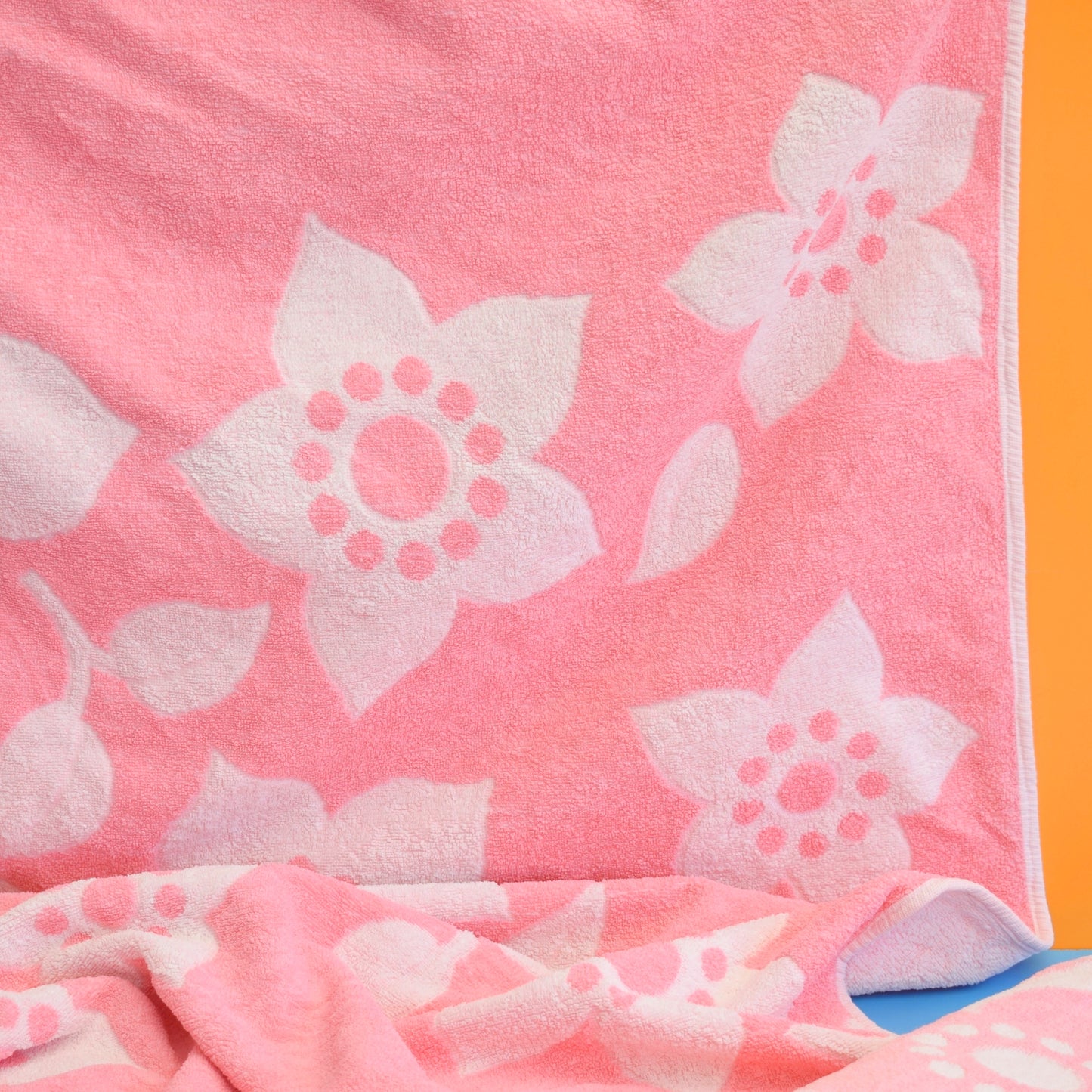 Vintage 1970s Cotton Bath Towel - Pink Flowers (2 Available)