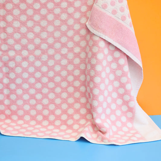 Vintage 1970s Cotton Bath Towel - Pink & White Spots