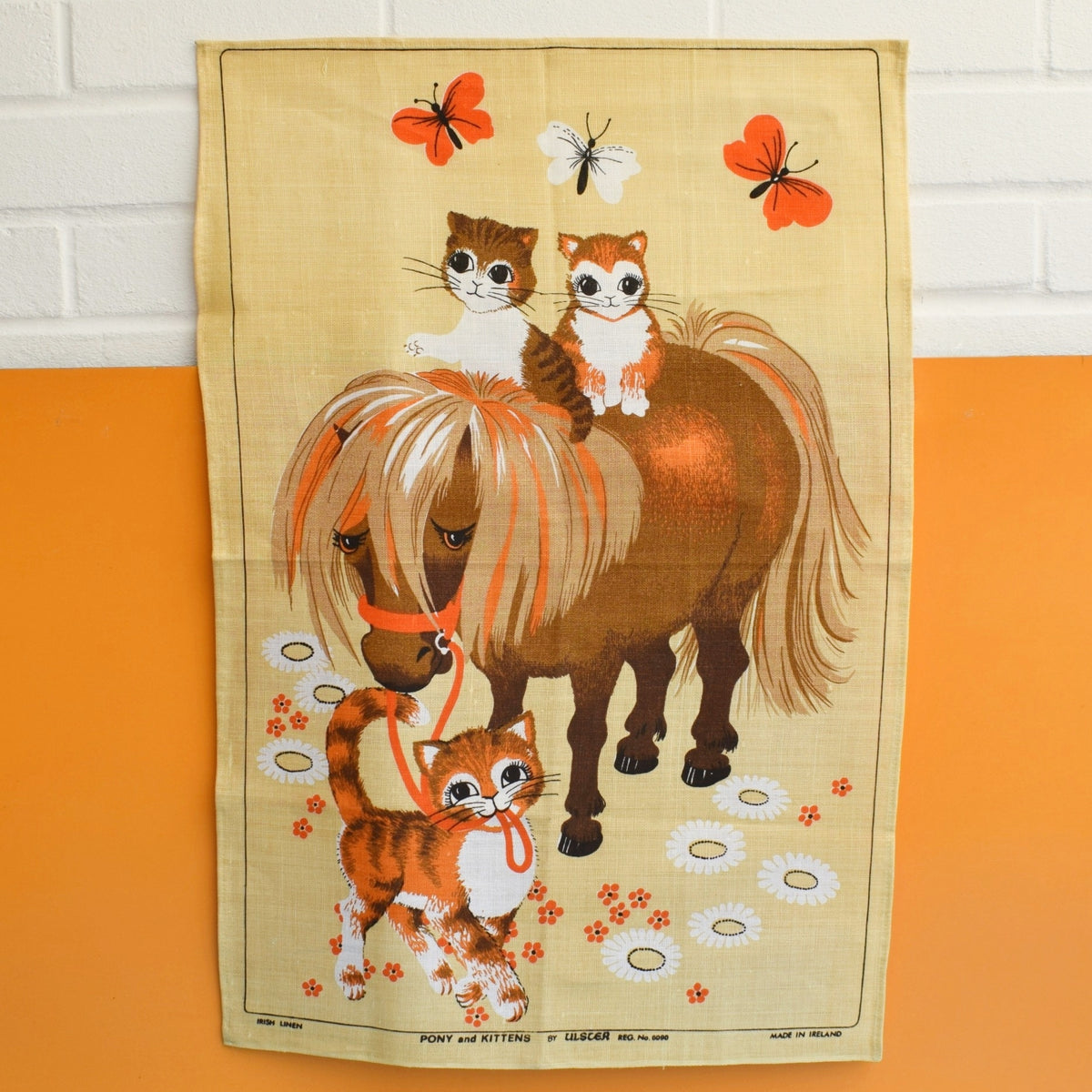 Vintage 1970s Tea Towel - Pony & Cat - Orange & Brown by Vintage