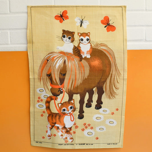 Vintage 1970s Tea Towel - Pony & Cat - Orange & Brown by Vintage