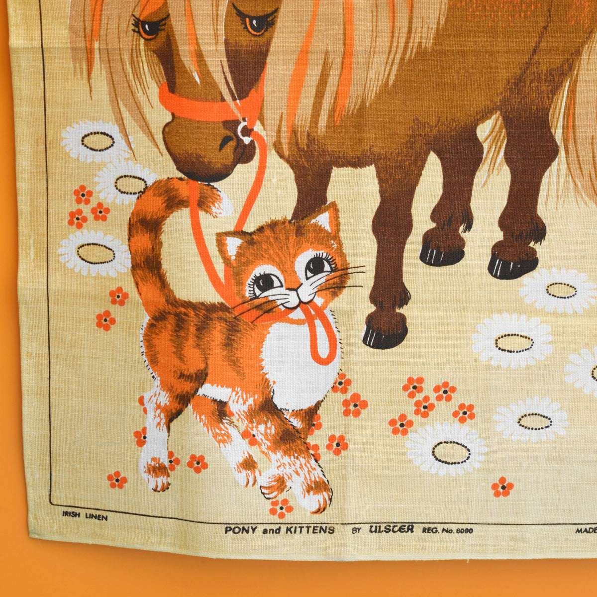 Vintage 1970s Tea Towel - Pony & Cat - Orange & Brown by Vintage