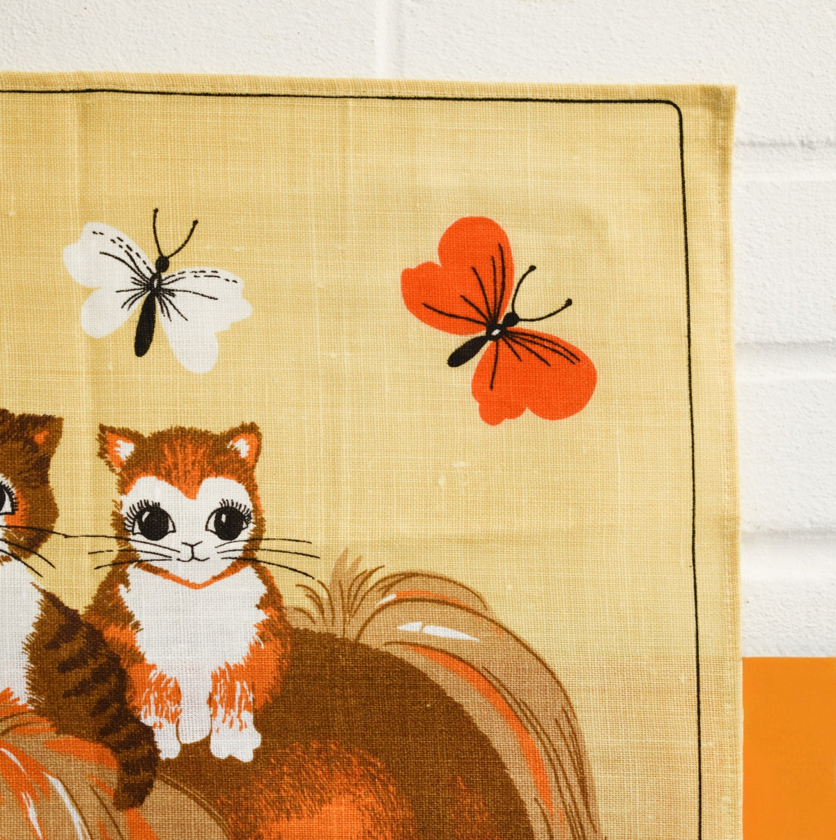 Vintage 1970s Tea Towel - Pony & Cat - Orange & Brown by Vintage