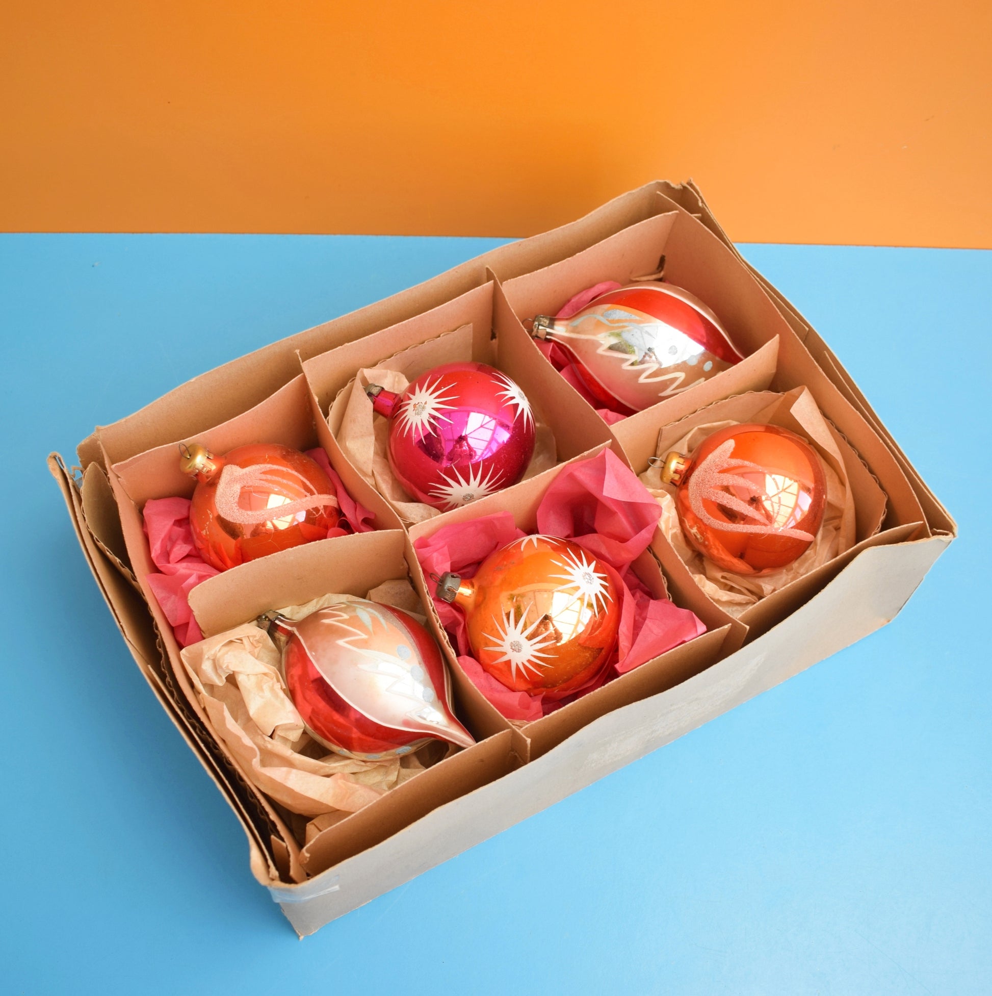 Vintage 1960s Glass Christmas Baubles - Larger- Pink & Gold x6 by Pineapple Retro