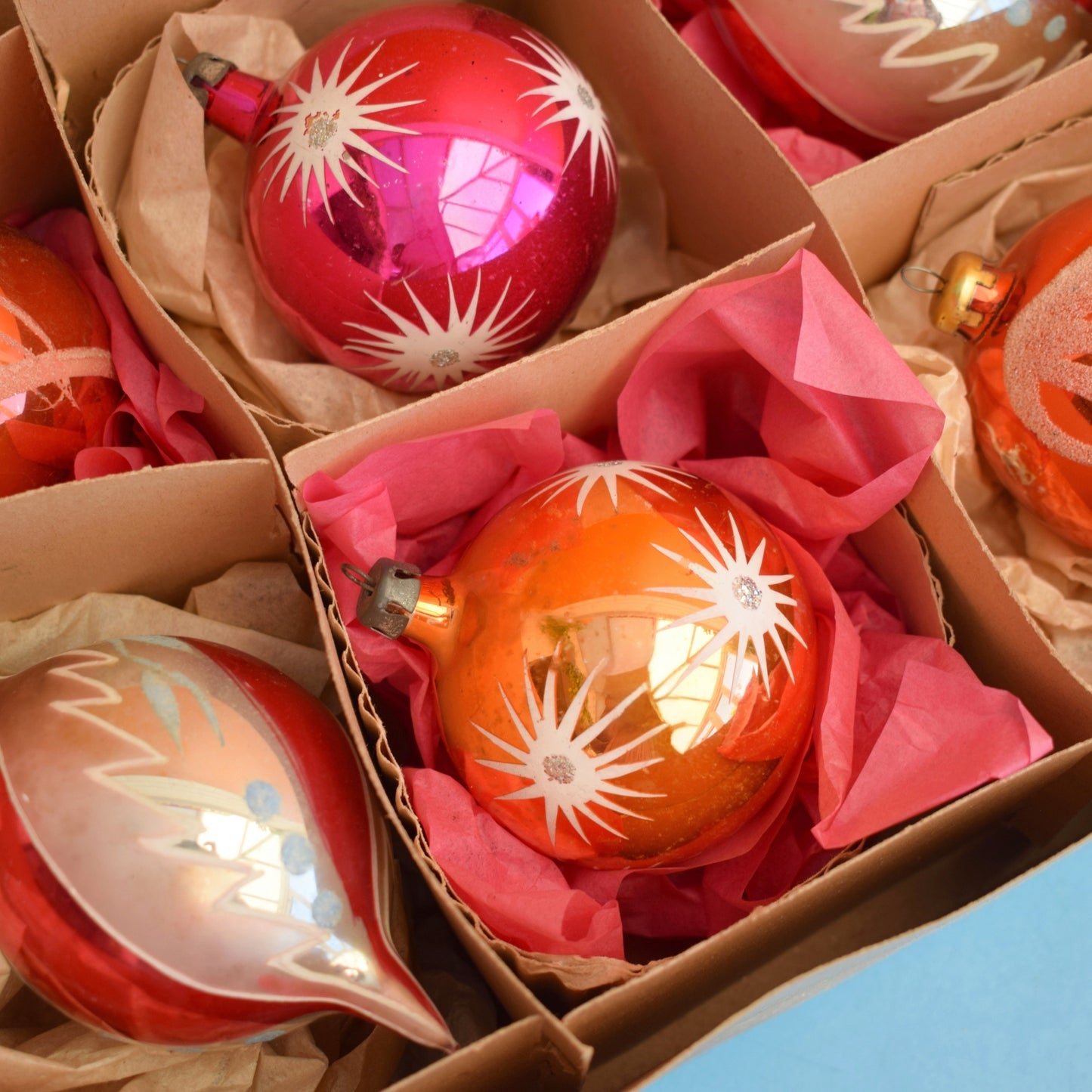 Vintage 1960s Glass Christmas Baubles - Larger- Pink & Gold x6 by Pineapple Retro