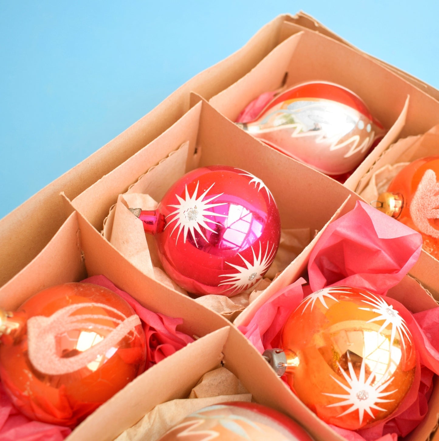 Vintage 1960s Glass Christmas Baubles - Larger- Pink & Gold x6 by Pineapple Retro