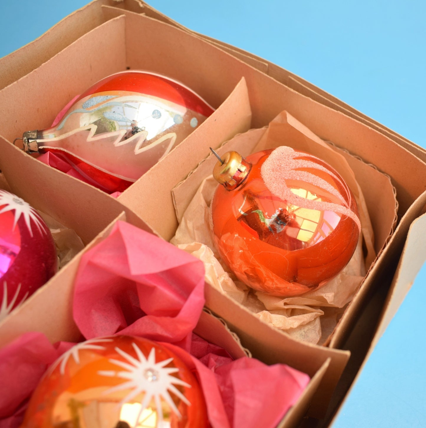 Vintage 1960s Glass Christmas Baubles - Larger- Pink & Gold x6 by Pineapple Retro