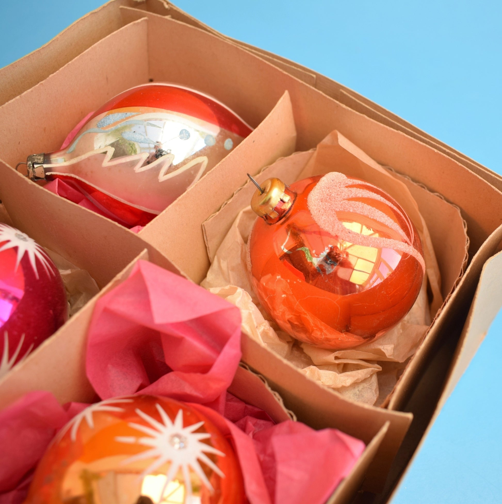 Vintage 1960s Glass Christmas Baubles - Larger- Pink & Gold x6 by Pineapple Retro