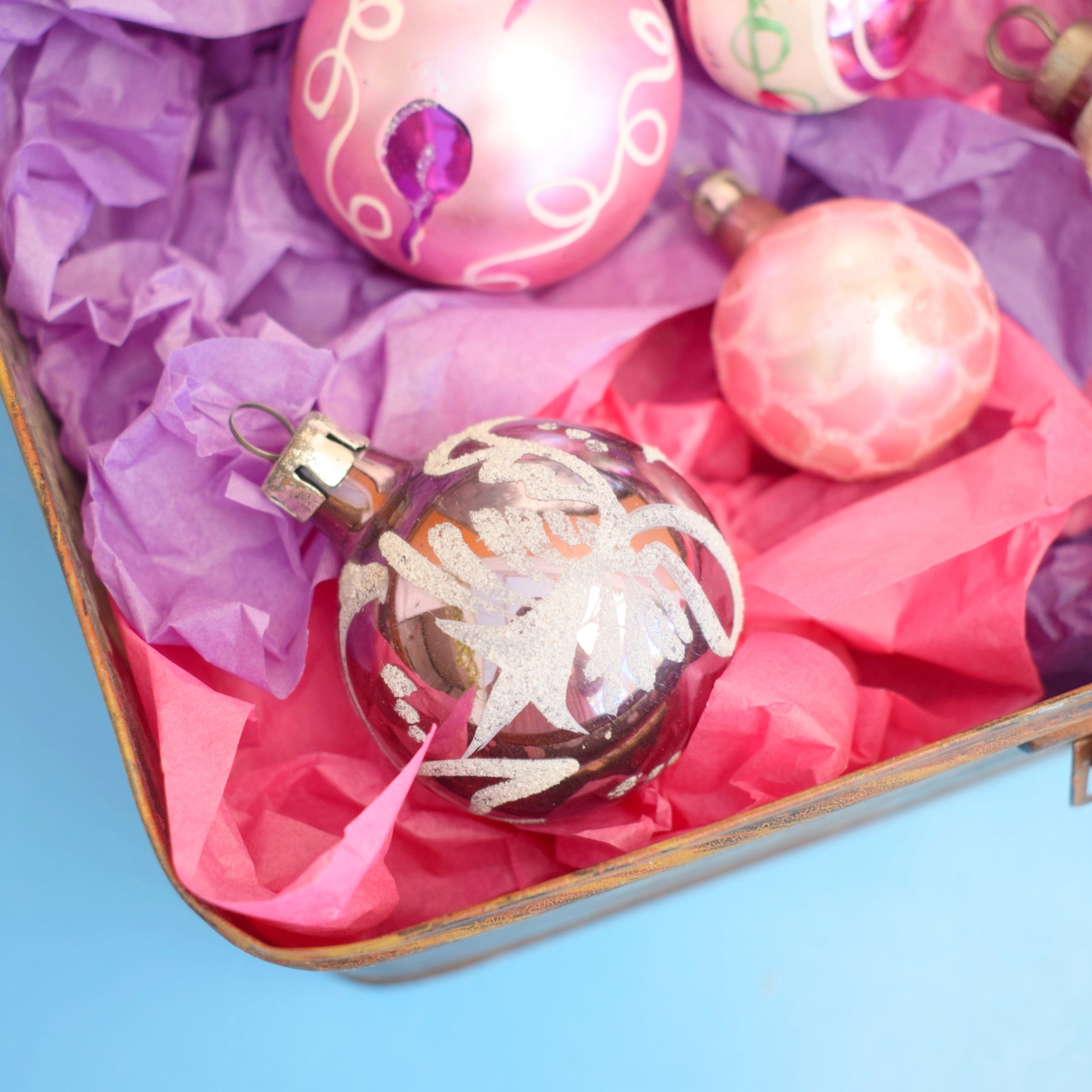 Vintage 1960s Glass Christmas Baubles - Edwardian Lunch Box Tin -Purple & Pink by Pineapple Retro