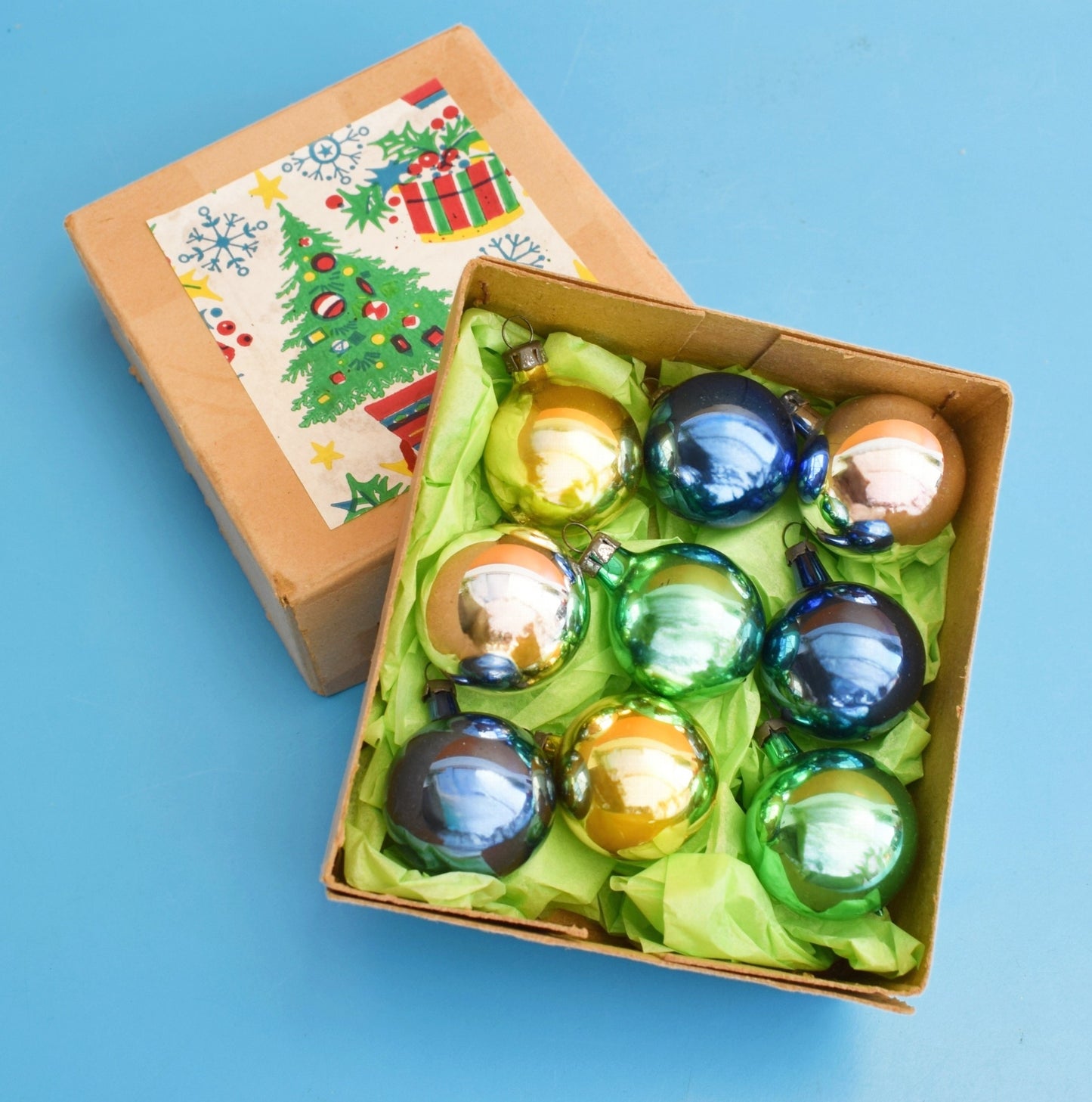 Vintage 1970s Glass Christmas Baubles -Green, Blue & Silver - Boxed by Pineapple Retro