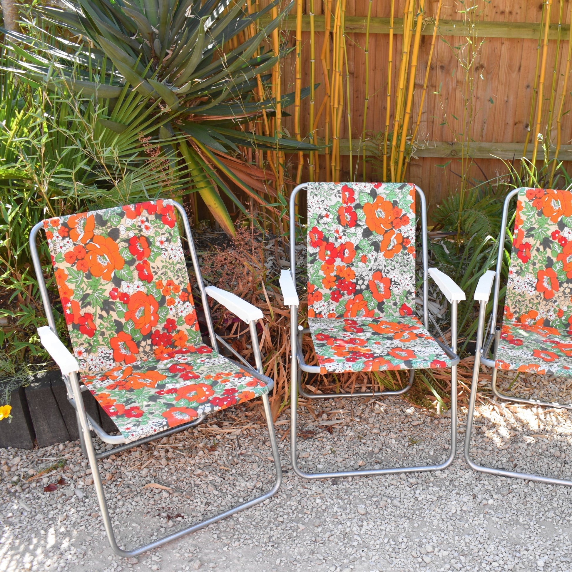 Vintage 1960s Folding Garden Chairs - Flowers- Orange & Green - Trio Available by Vintage