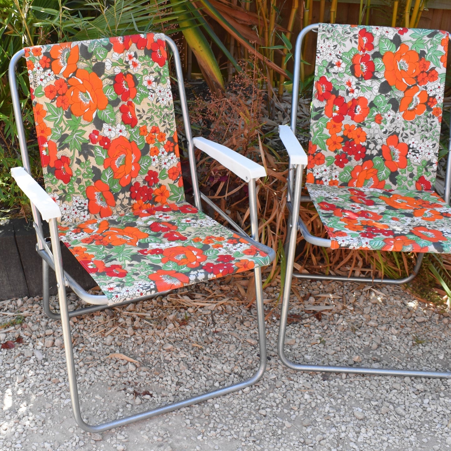 Vintage 1960s Folding Garden Chairs - Flowers- Orange & Green - Trio Available by Vintage