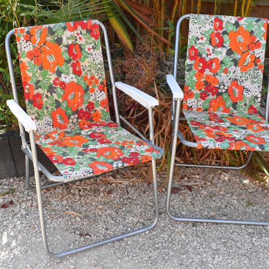 Vintage 1960s Folding Garden Chairs - Flowers- Orange & Green - Trio Available by Vintage